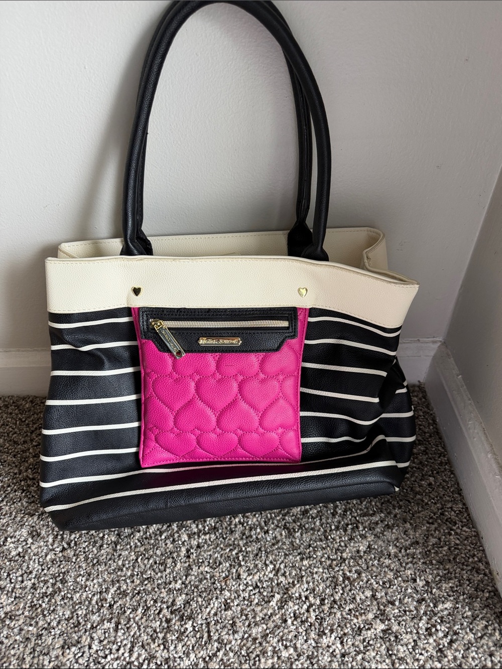 Betsey Johnson Black & White Stripe Tote with Hot Pink Quilted Pocket